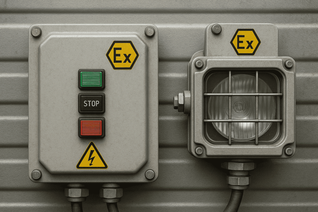 Explosion-proof EX lighting fixture and EX junction box installed in a hazardous area