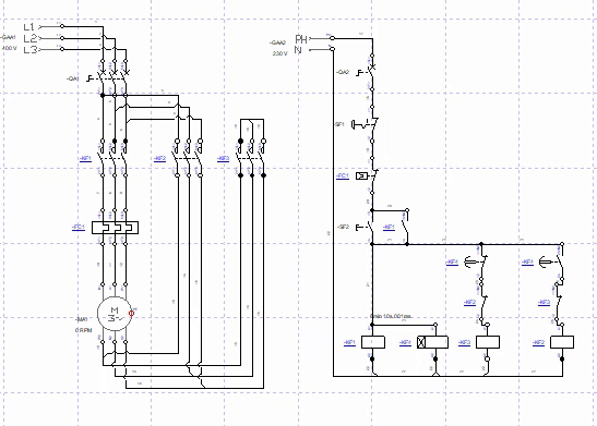 Diagram of power and control circuit for a star-delta starter used in induction motors
