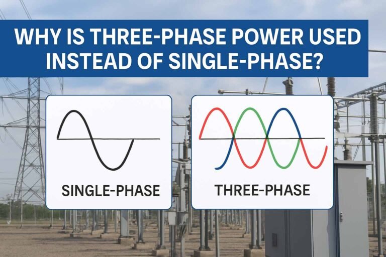 Comparison between single-phase and three-phase power waveforms in front of an electrical substation.