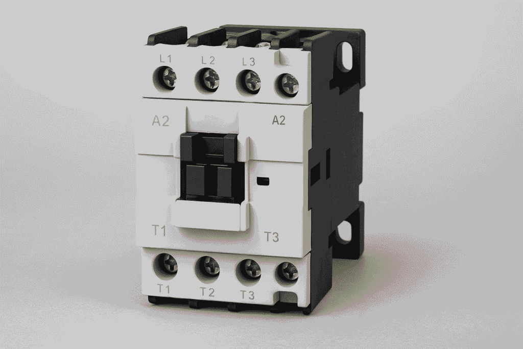 Close-up view of an electrical contactor showing its coil, terminals, and labeled connection points, with metallic screws and plastic casing visible in detail