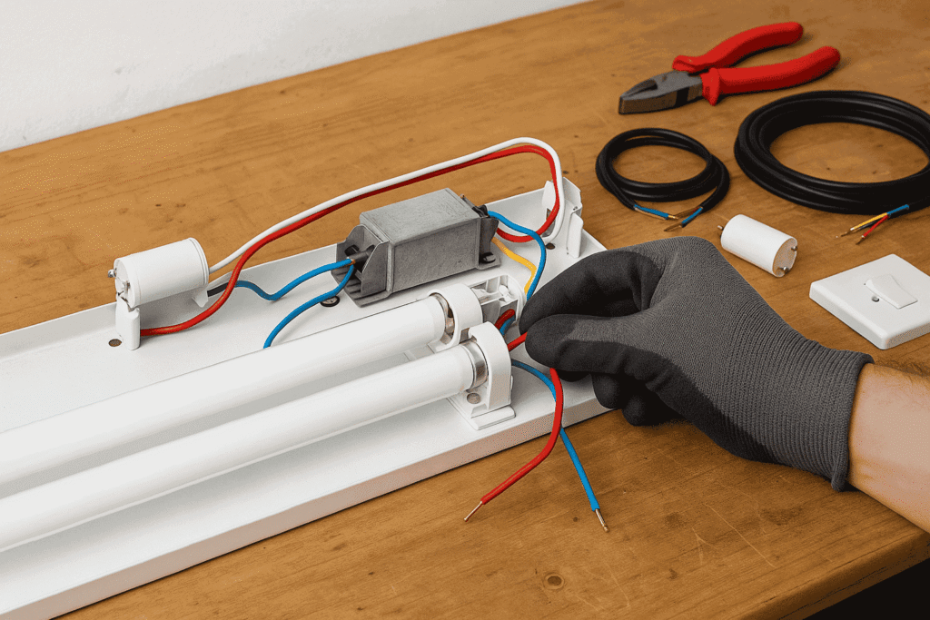Electrician’s hand connecting wires to a fluorescent tube lamp fixture during installation or repair