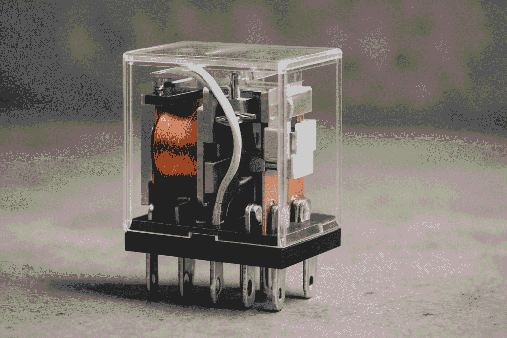 Close-up view of an electrical relay showing coil, contacts, and terminal connections used in control and automation systems