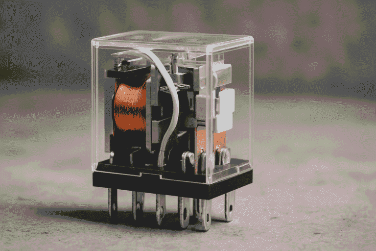Close-up view of an electrical relay showing coil, contacts, and terminal connections used in control and automation systems