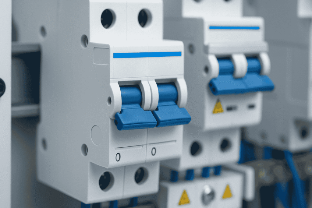 Close-up view of a miniature circuit breaker (MCB) installed inside an electrical distribution panel