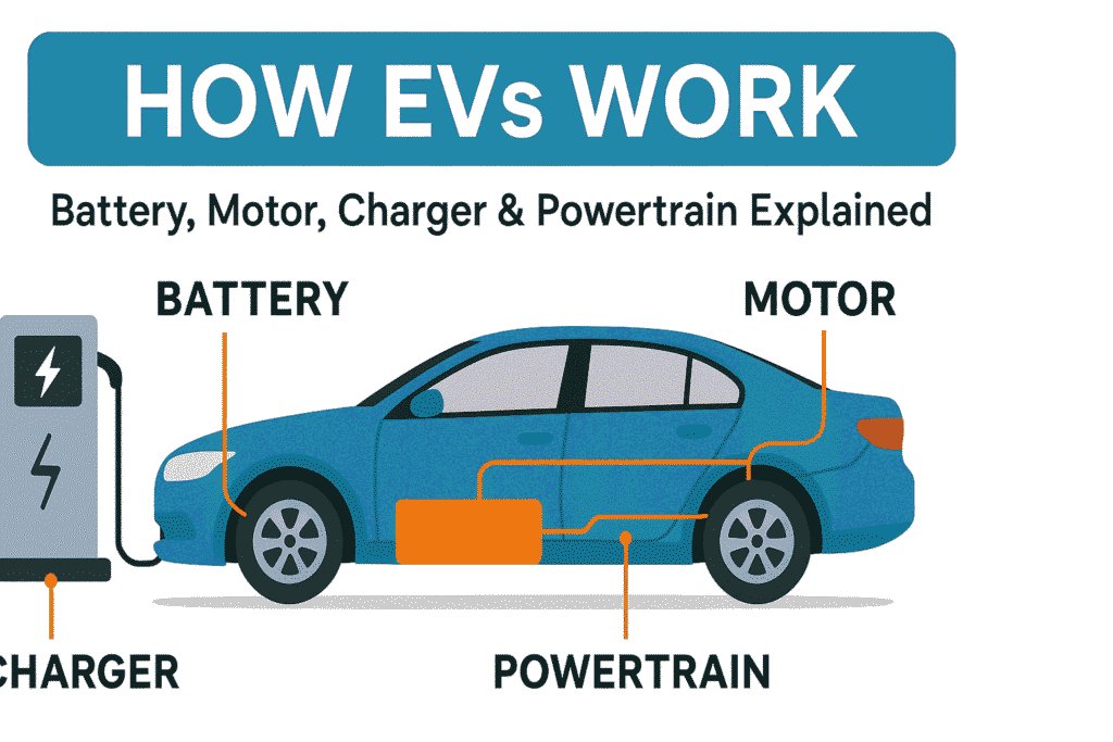 Illustration of an electric vehicle (EV) showing labeled components: battery, motor, charger, and powertrain