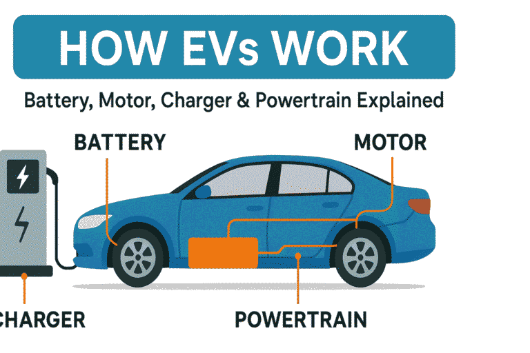 Illustration of an electric vehicle (EV) showing labeled components: battery, motor, charger, and powertrain