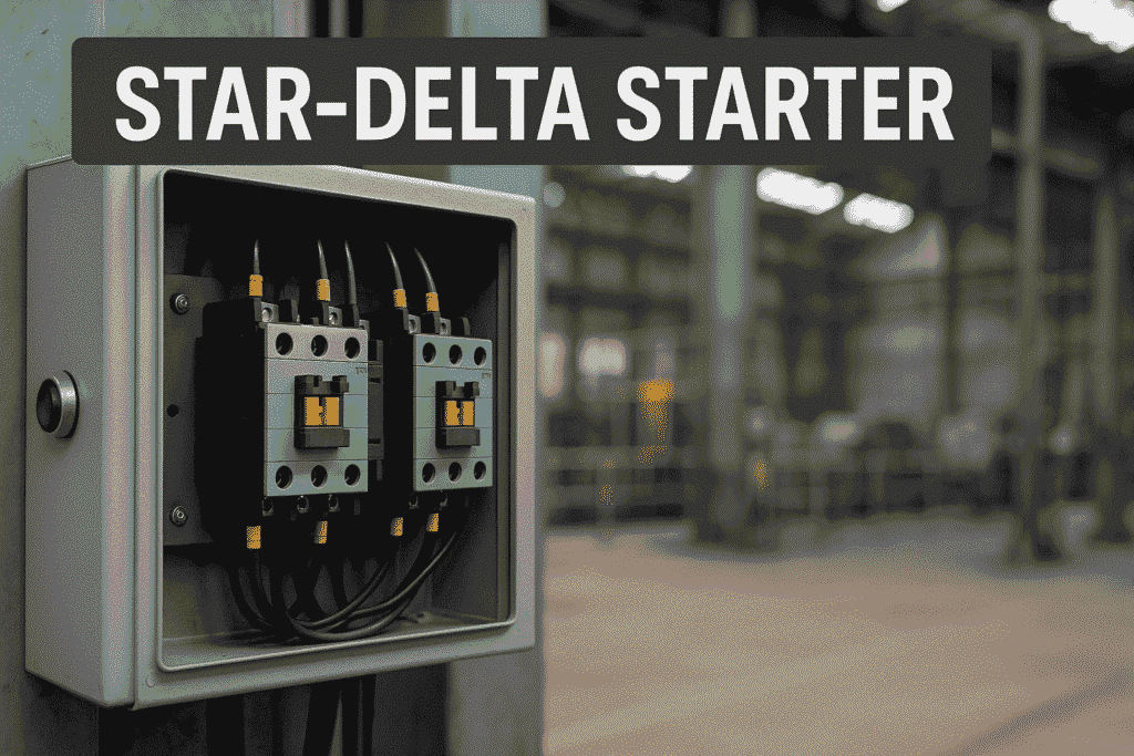 Realistic image of a star-delta starter control panel with three 3-pole contactors in an industrial setting