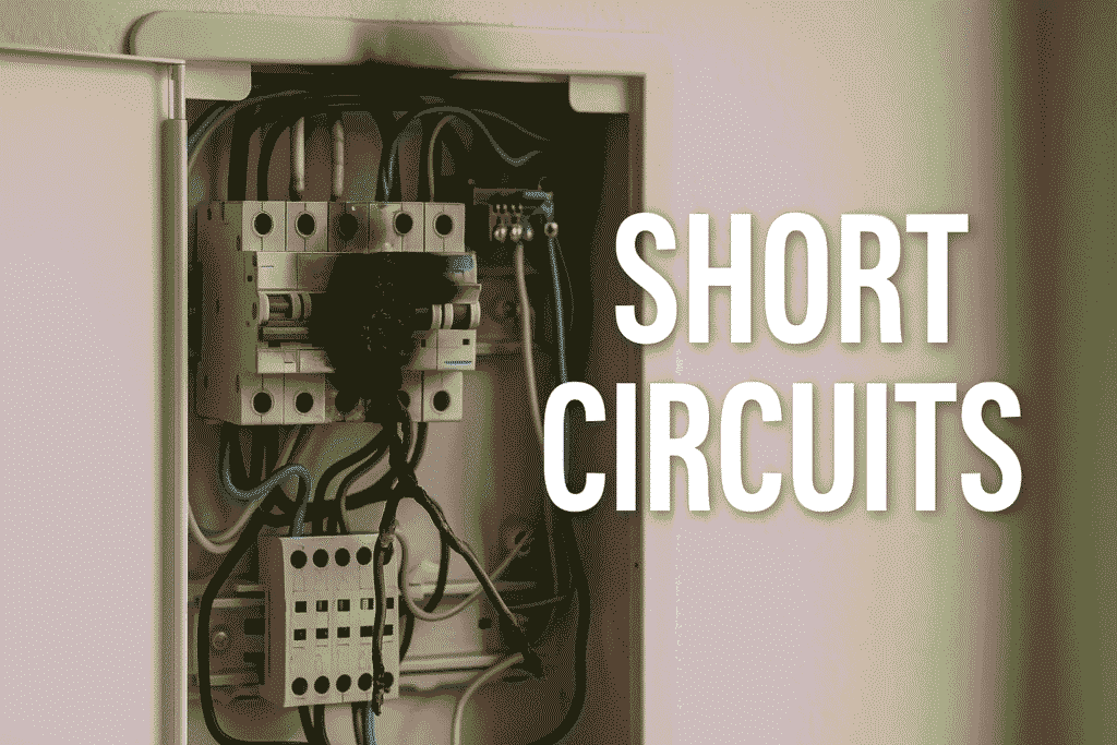 Realistic photo of a damaged electrical panel with burned wires after a short circuit in a residential setting