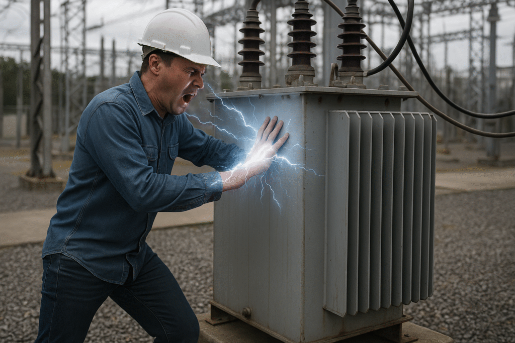 Realistic image of a damaged electrical panel with burned wires after a short circuit in a residential setting.