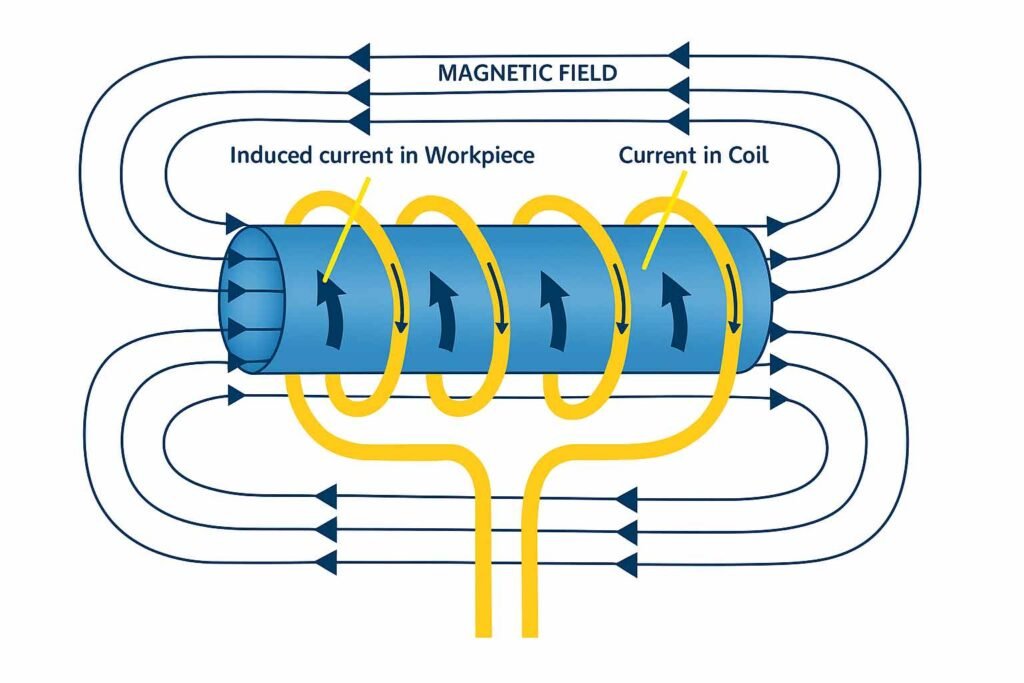 Illustration of electromagnetic induction showing magnetic field lines, current in coil, and induced current in a metal workpiece with updated color scheme