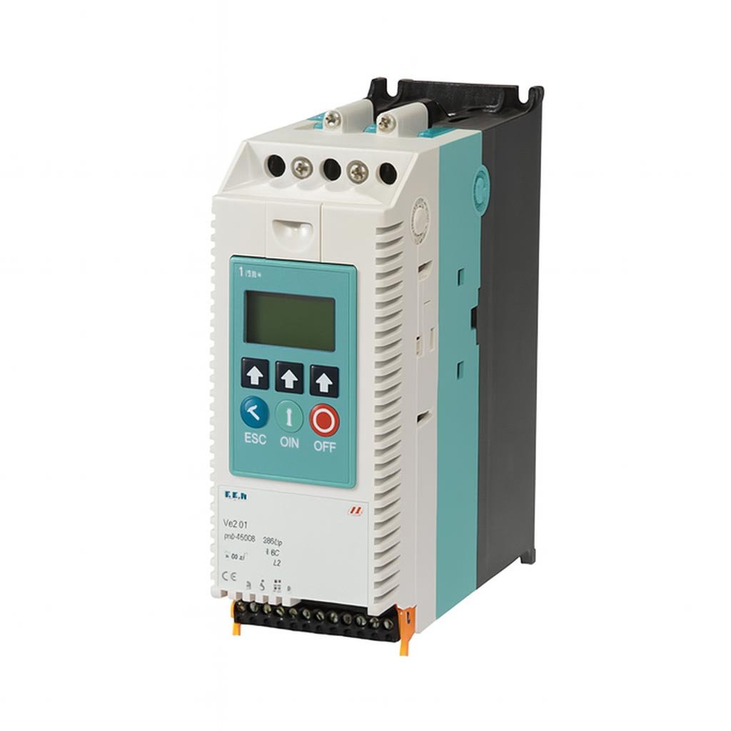 Soft starter device with turquoise side panels and a digital control interface featuring display screen, navigation buttons, and ESC/ON/OFF controls