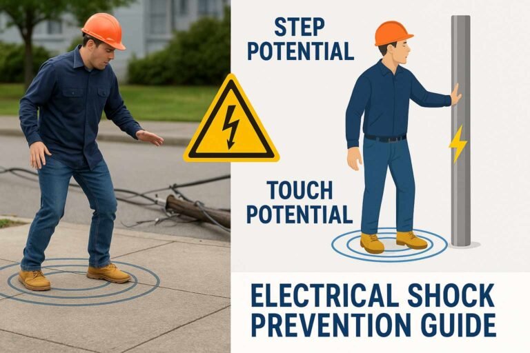 A worker in safety gear stands near a fallen power line illustrating step and touch potentials for electrical shock prevention