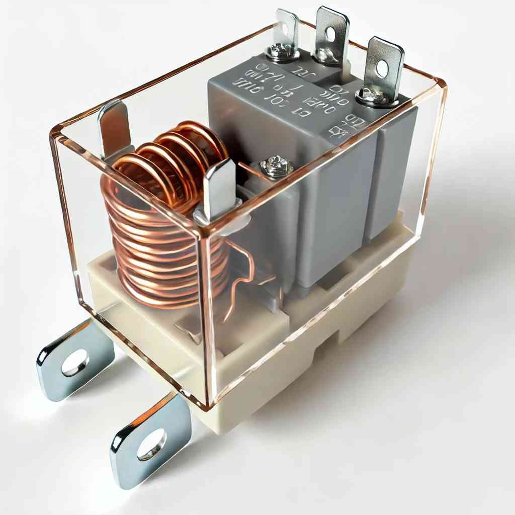 Close-up view of an electrical relay showing coil, contacts, and terminal connections