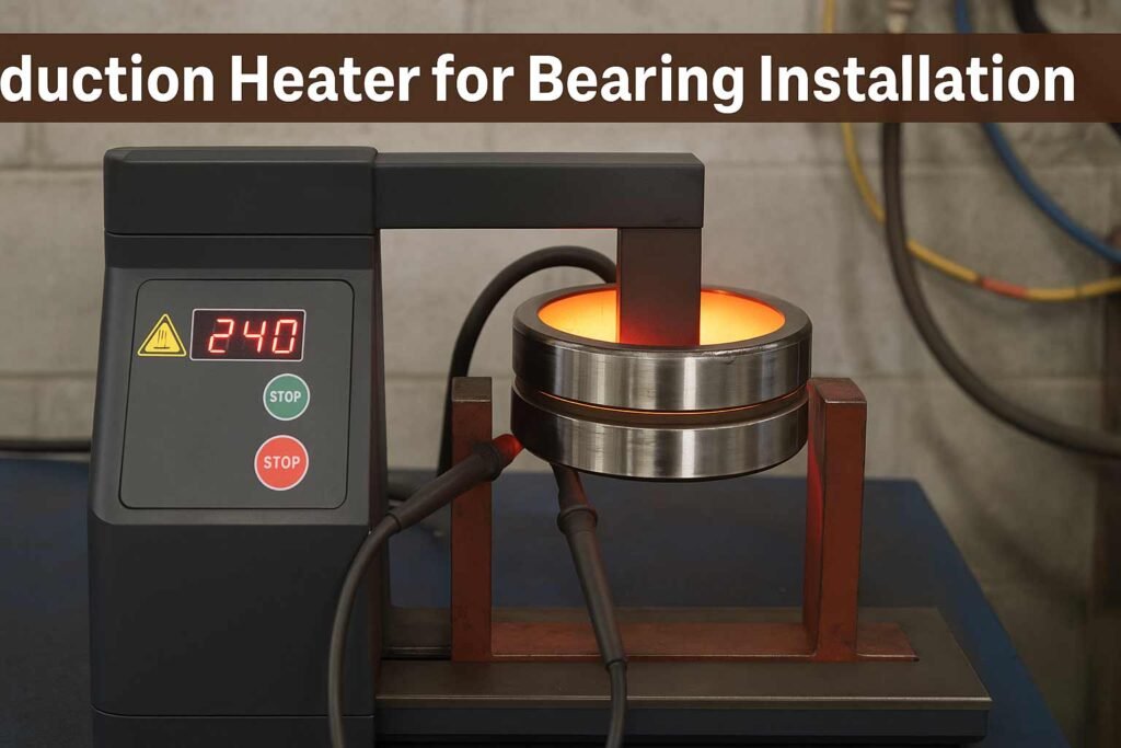 Induction heater warming a bearing with digital controls and safety gloves