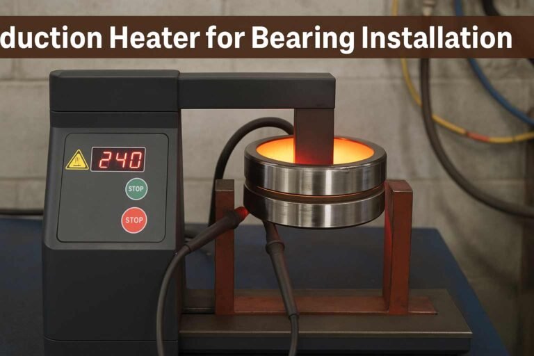Induction heater warming a bearing with digital controls and safety gloves