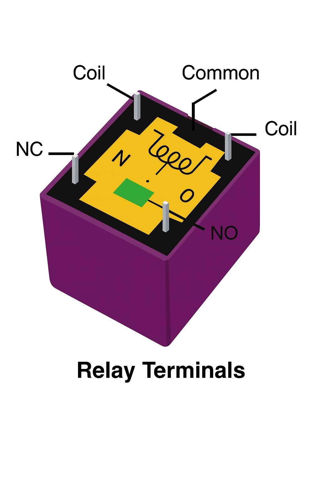 Relay Terminals, five terminals are shown two terminals are coil contact and three are NO NC contacts