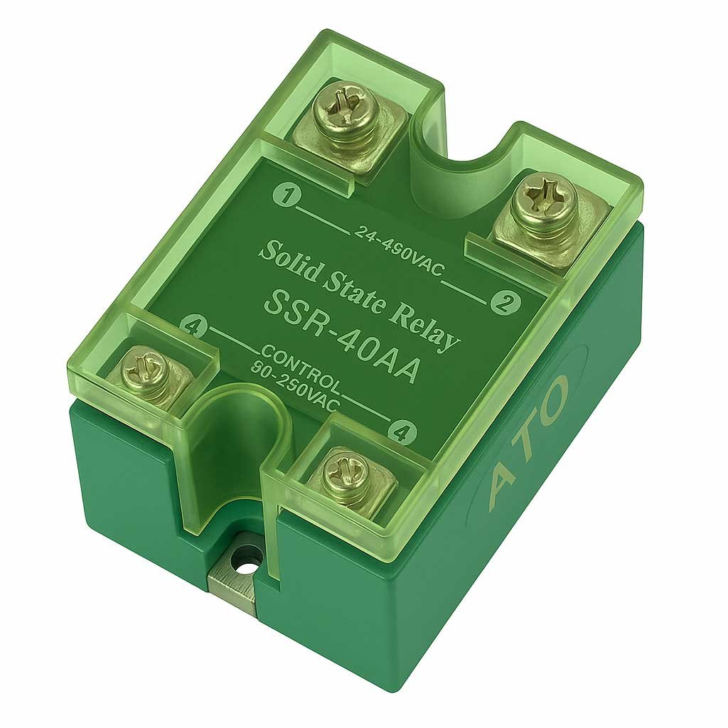 Solid State Relay (SSR-40AA) with green casing and labeled terminals for AC load and control input, used in industrial and automation systems