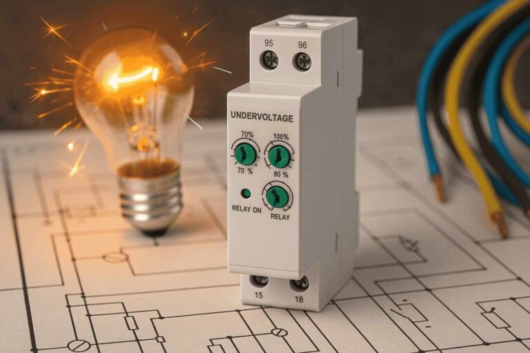 Undervoltage and overvoltage relay device on electrical schematic with light bulb and colorful wires