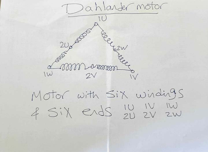 Hand-drawn diagram of a Dahlander motor showing internal winding connections and pole-changing configuration for dual-speed operation.