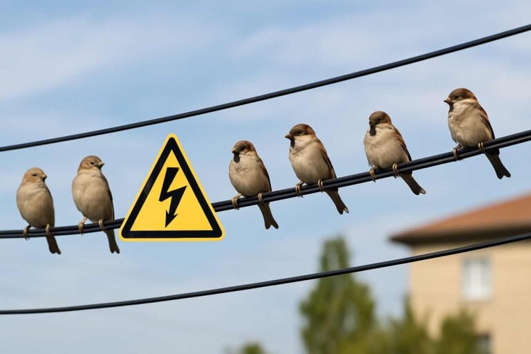 A group of sparrows perched on parallel power lines near a high-voltage warning sign, with a blurred building and sky in the background