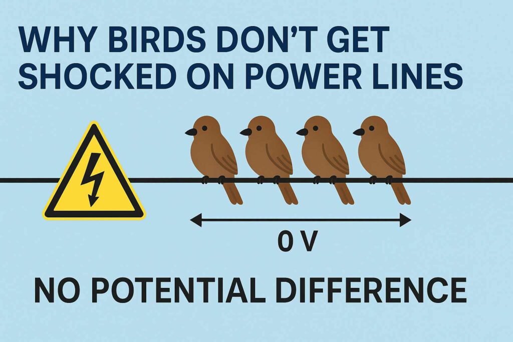 An educational diagram showing four birds sitting on a power line with a "0V" label and a "No Potential Difference" caption, illustrating why they don’t get shocked