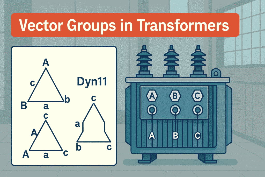 Infographic showing a Dyn11 vector group diagram and a labeled transformer in an industrial setting.