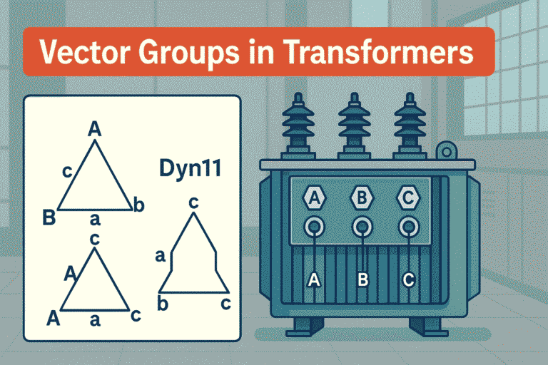 Infographic showing a Dyn11 vector group diagram and a labeled transformer in an industrial setting.
