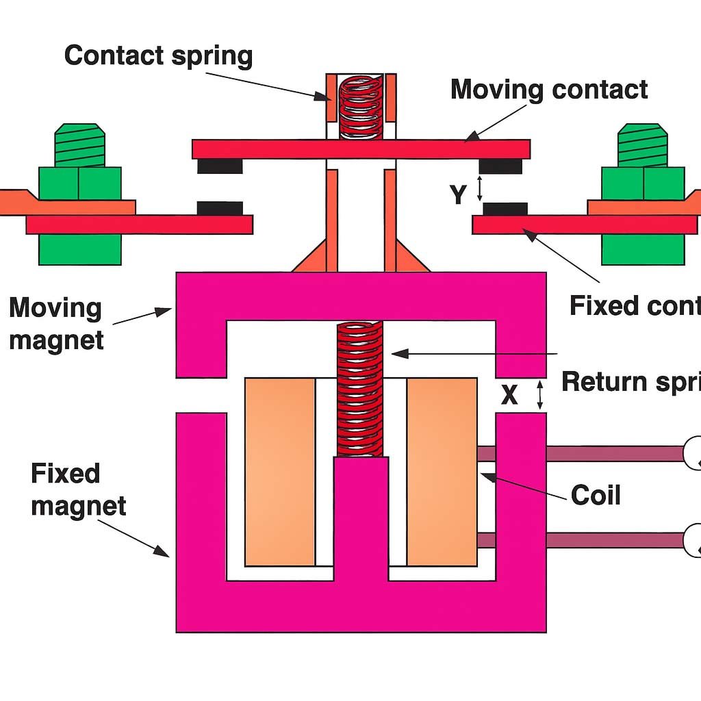 Labeled diagram of a solenoid-operated switch showing components like coil, moving magnet, fixed magnet, moving contact, contact spring, and return spring