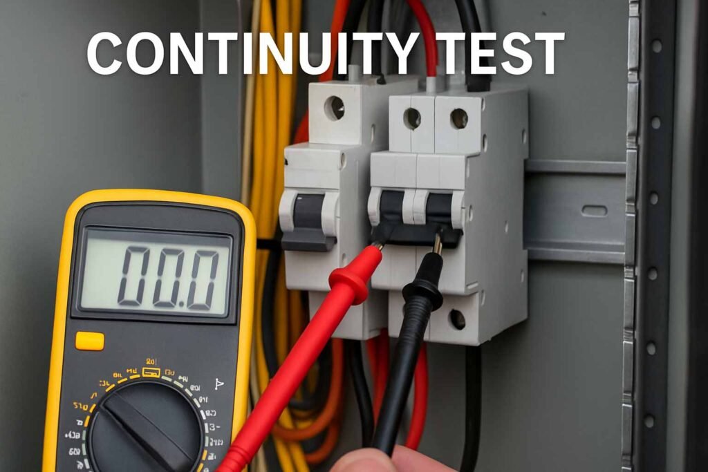 A multimeter performing a continuity test on electrical panel wires using red and black probes