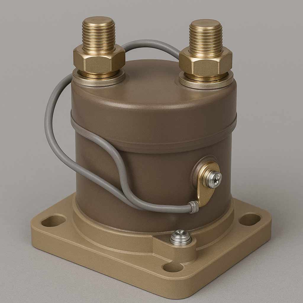 High-resolution close‑up of a gas‑filled DC contactor featuring a hermetically sealed black ceramic arc chamber with two cylindrical terminals on top, connected via insulated leads. Mounted on a compact base with mounting holes, the device is enclosed for arc protection and reliability