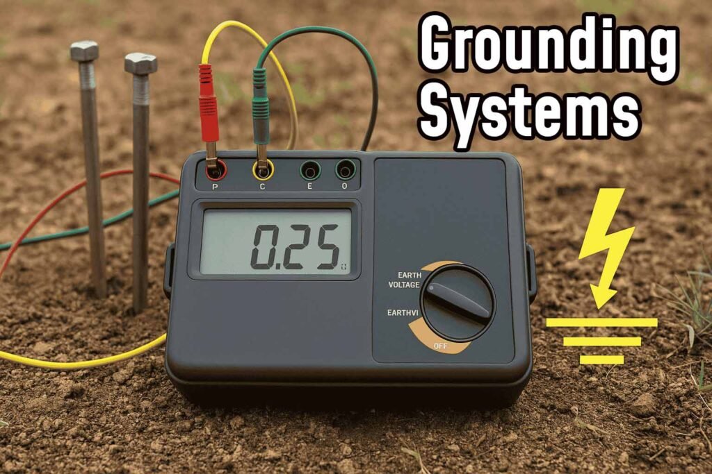 A technician uses an earth tester to measure grounding resistance with visible ground rods in a soil area