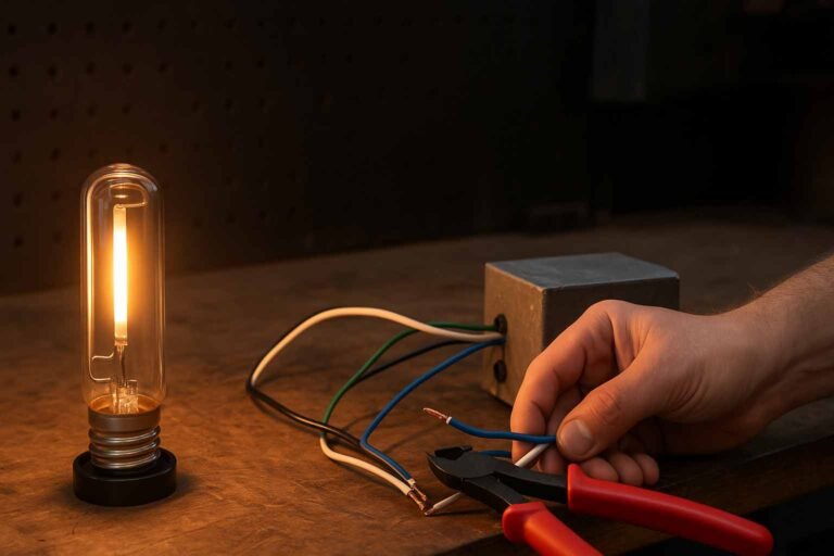 Technician wiring a High-Pressure Sodium (HPS) lamp on a workshop bench