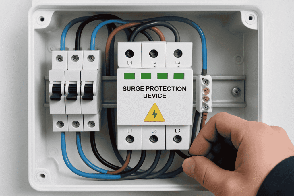 Surge Protection Device (SPD) installed inside a home electrical distribution panel, connected to circuit breakers and wiring terminals