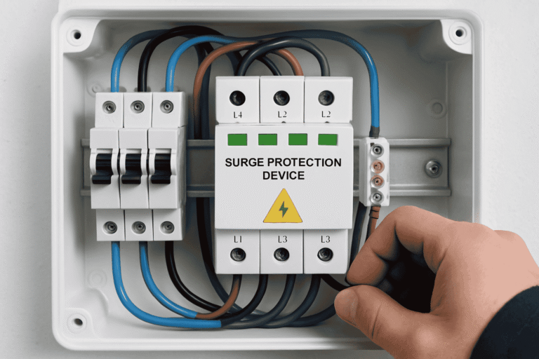 Surge Protection Device (SPD) installed inside a home electrical distribution panel, connected to circuit breakers and wiring terminals