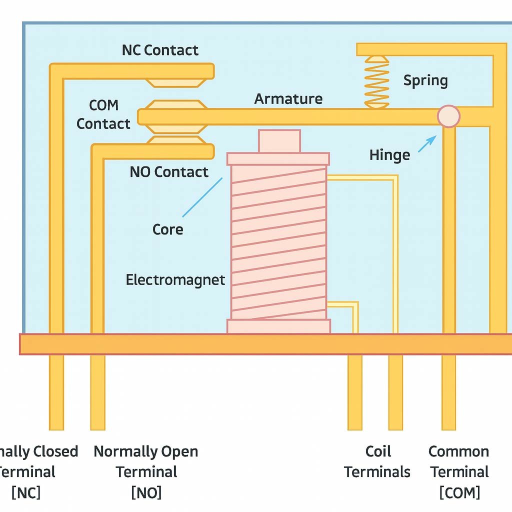 Labeled diagram showing the internal structure of an electrical relay, including coil, core, armature, spring, and NC, NO, COM contacts with terminals