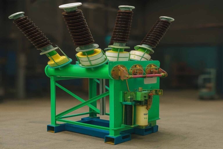 High-voltage SF₆ circuit breaker with porcelain insulators mounted on a steel frame in an industrial setting
