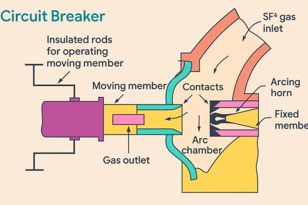 Labeled diagram of an SF₆ gas circuit breaker showing colored components including the moving member, fixed member, arc chamber, contacts, gas outlet, and SF₆ gas inlet with directional arrows and annotations