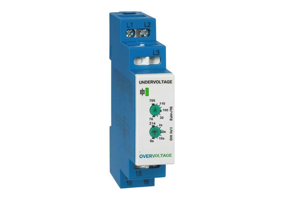Blue undervoltage and overvoltage relay device with labeled terminals and control dials, mounted vertically against a white background