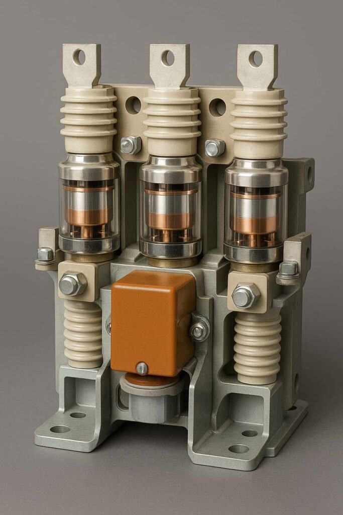 A high-resolution close-up of a vacuum contactor, featuring three transparent vacuum interrupters with visible copper contacts, mounted on ceramic insulators and secured with metal bolts. The device sits on a gray base with a compact orange actuator in the center