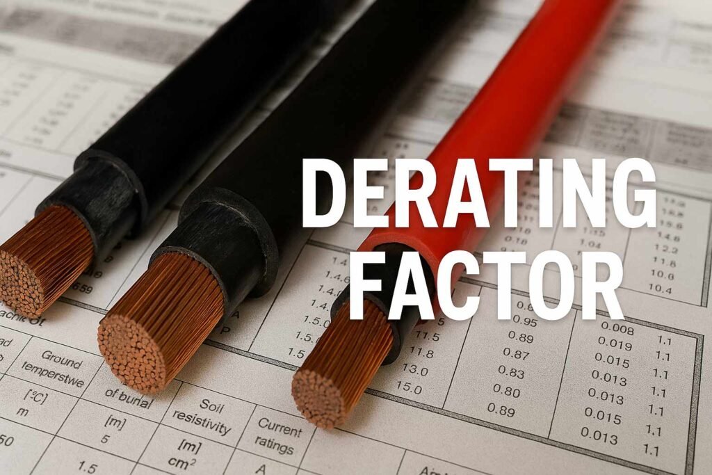 Realistic electrical cables with copper conductors placed on technical charts showing derating factor values.