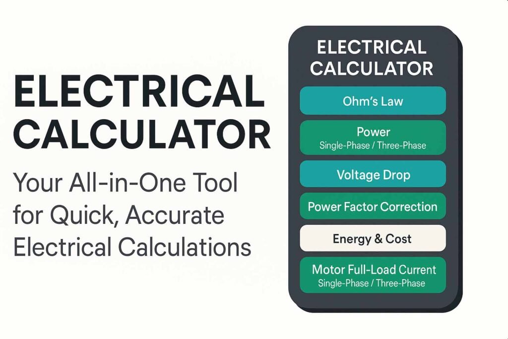 Electrical calculator interface with buttons for Ohm’s Law, power, voltage drop, power factor, energy cost, and motor current